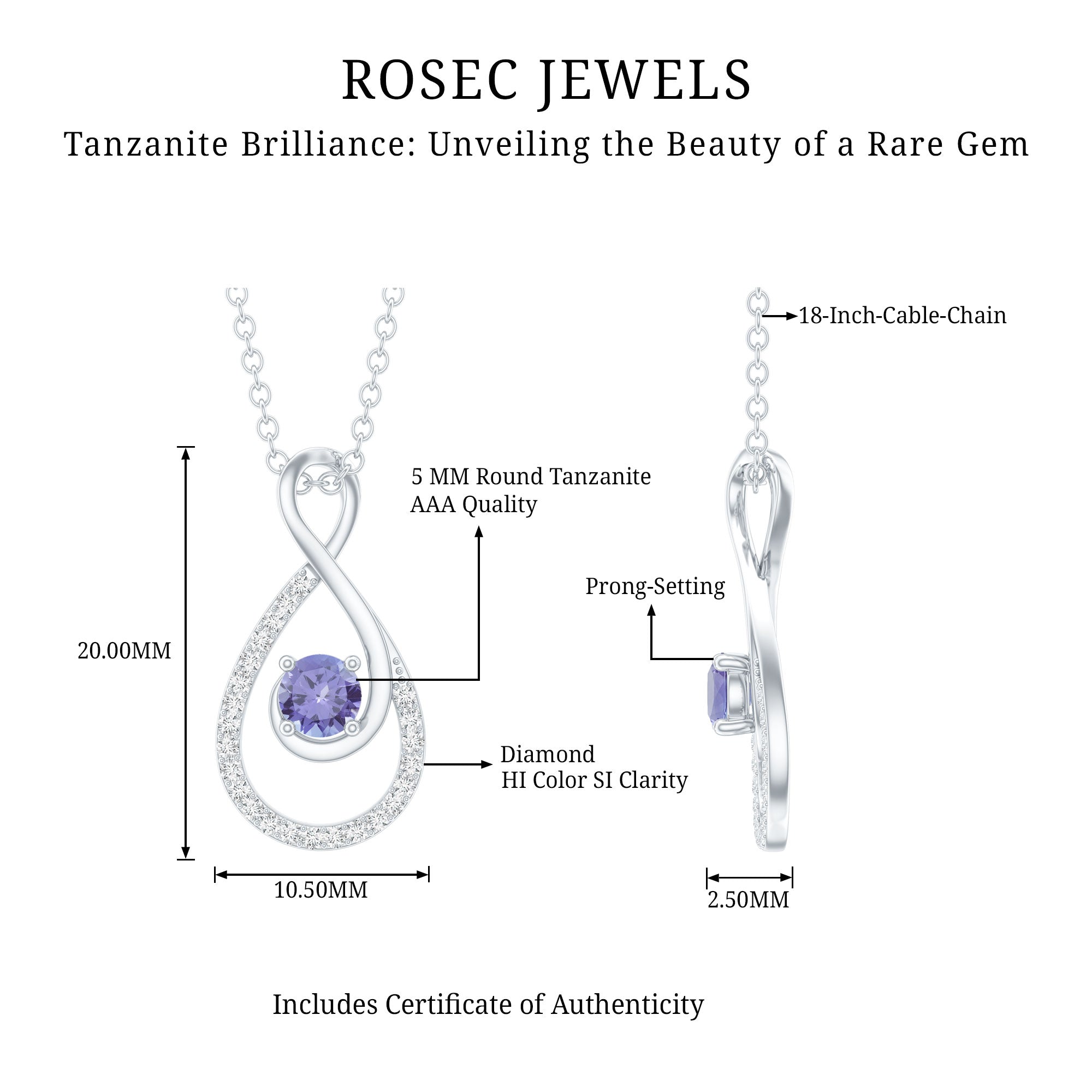 Genuine Tanzanite and Diamond Infinity Pendant Necklace With Chain
