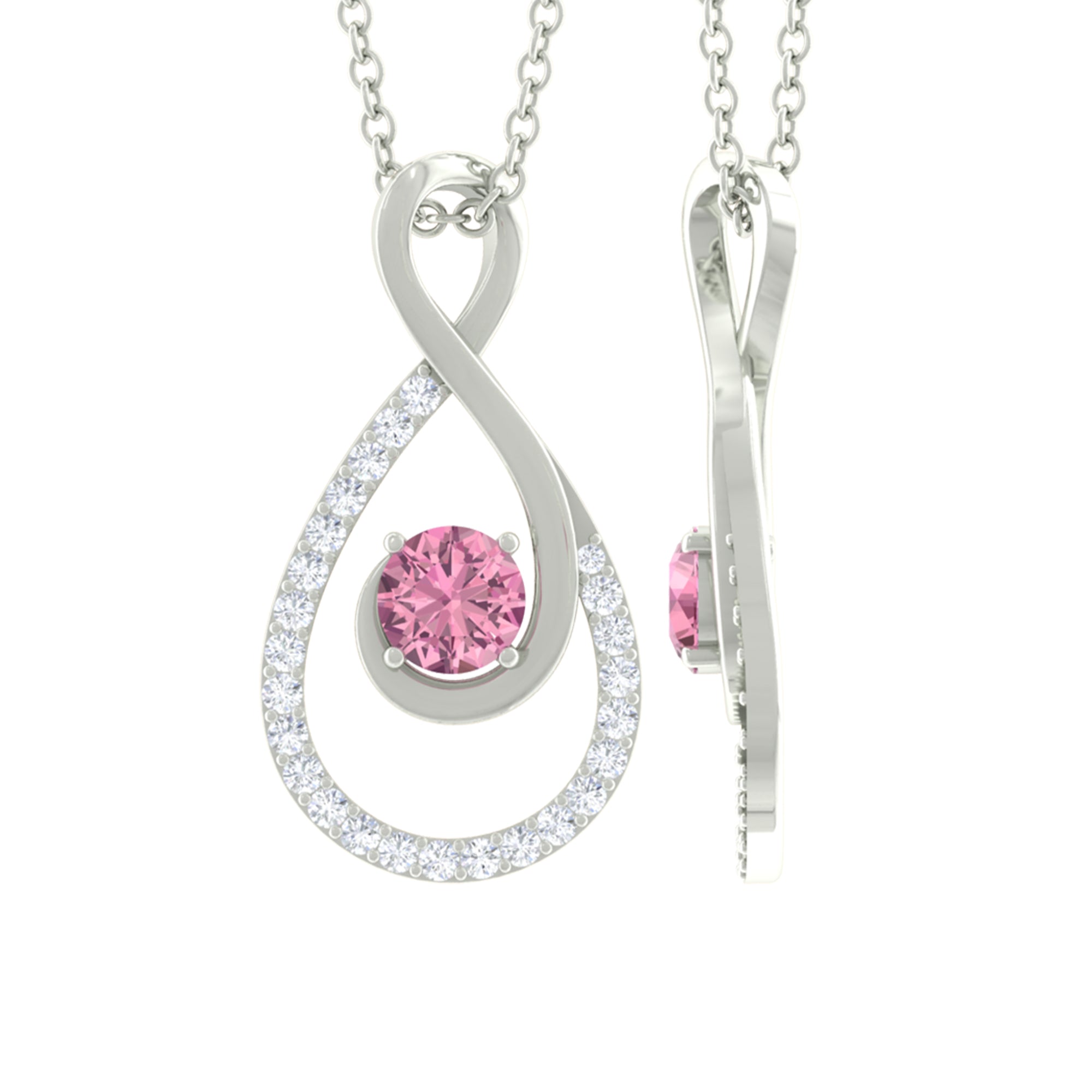 Real Pink Tourmaline and Diamond Infinity Pendant Necklace