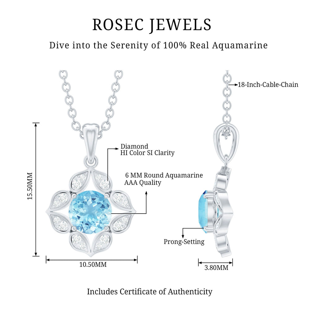Natural Aquamarine Flower Pendant Necklace with Diamond
