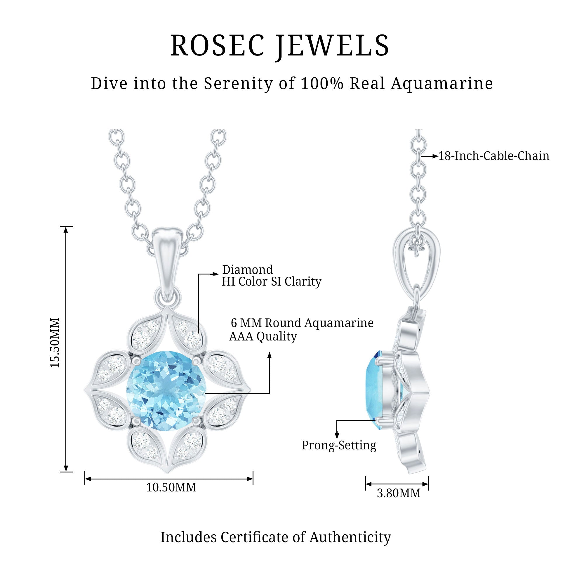 Natural Aquamarine Flower Pendant Necklace with Diamond