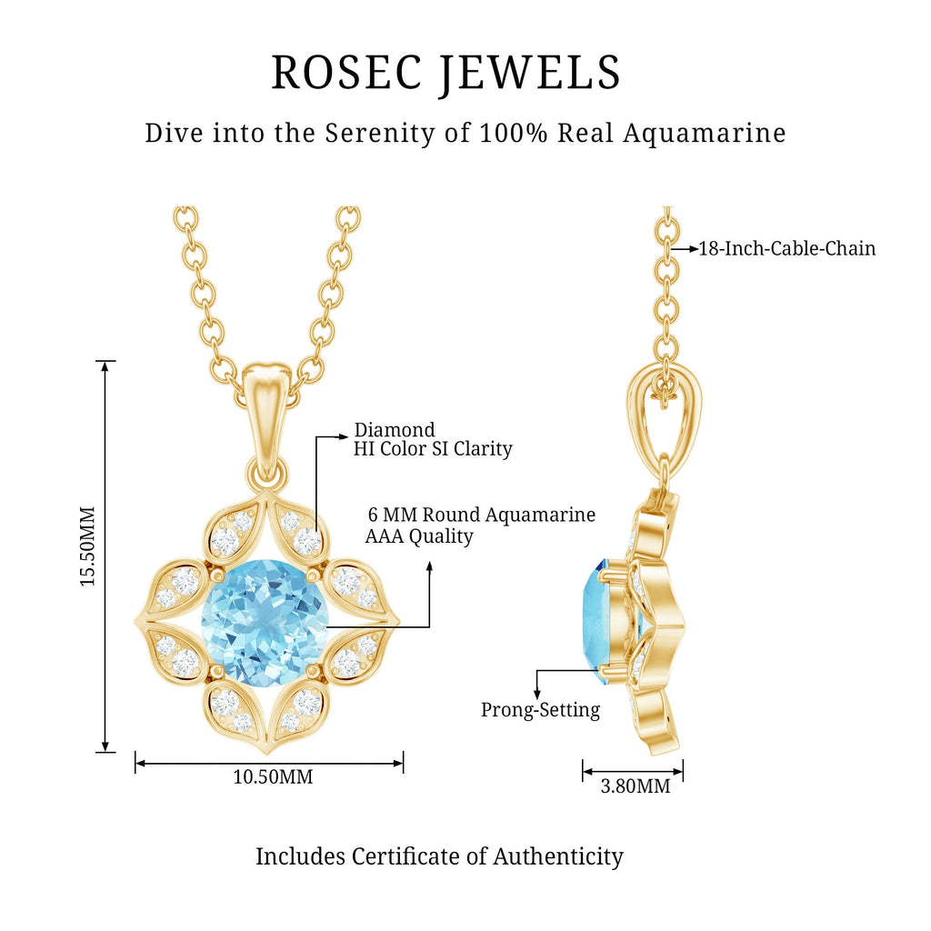 Natural Aquamarine Flower Pendant Necklace with Diamond