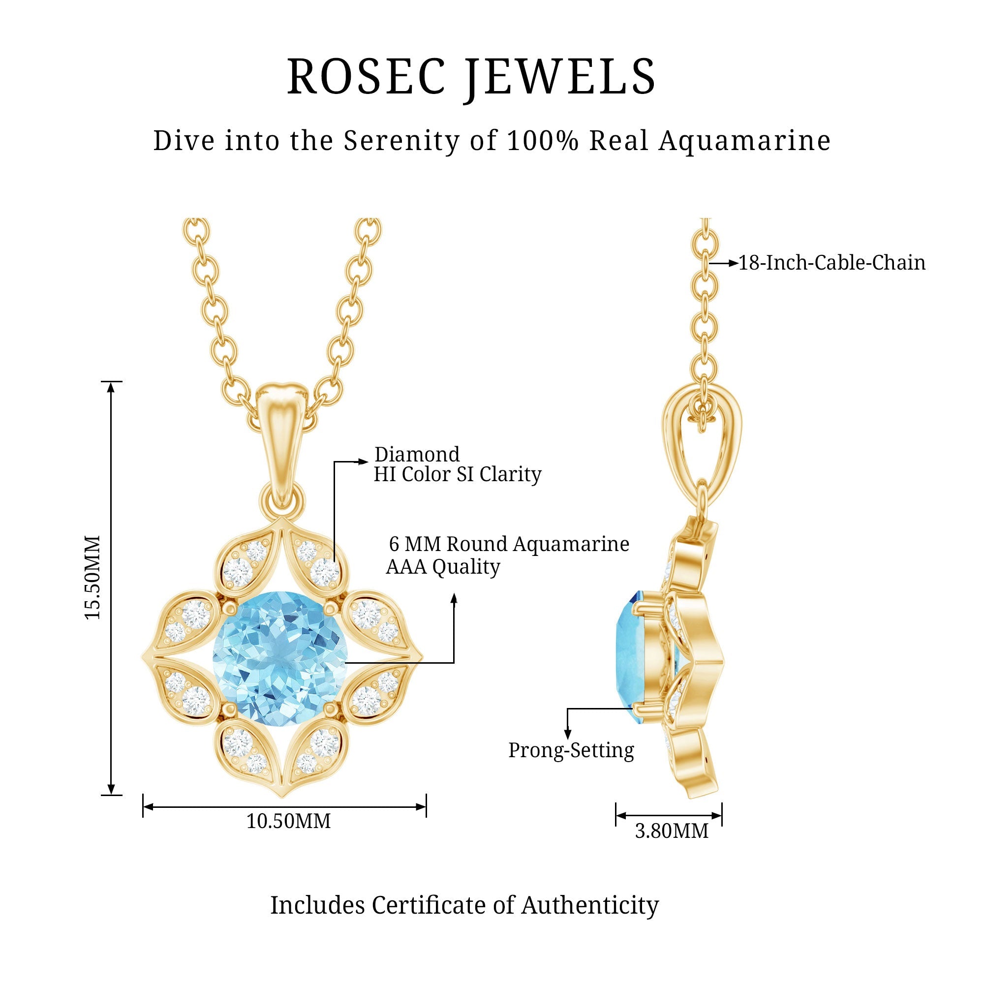 Natural Aquamarine Flower Pendant Necklace with Diamond