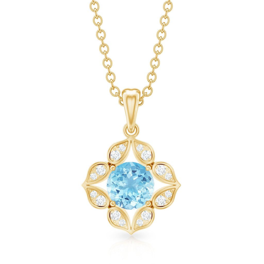 Natural Aquamarine Flower Pendant Necklace with Diamond