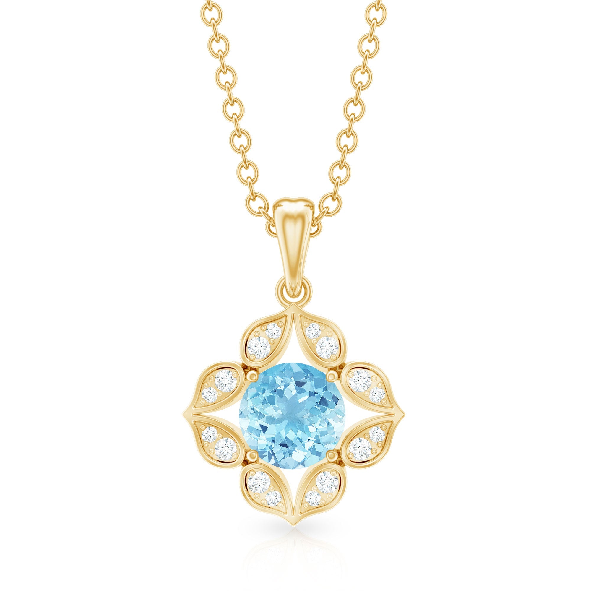 Natural Aquamarine Flower Pendant Necklace with Diamond
