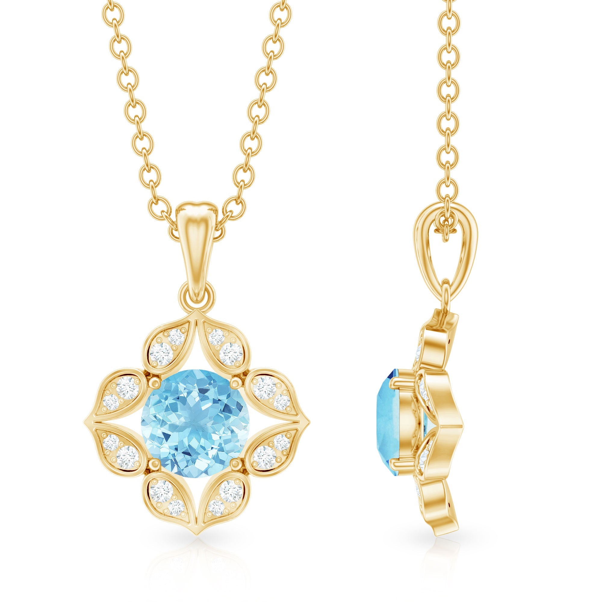 Natural Aquamarine Flower Pendant Necklace with Diamond
