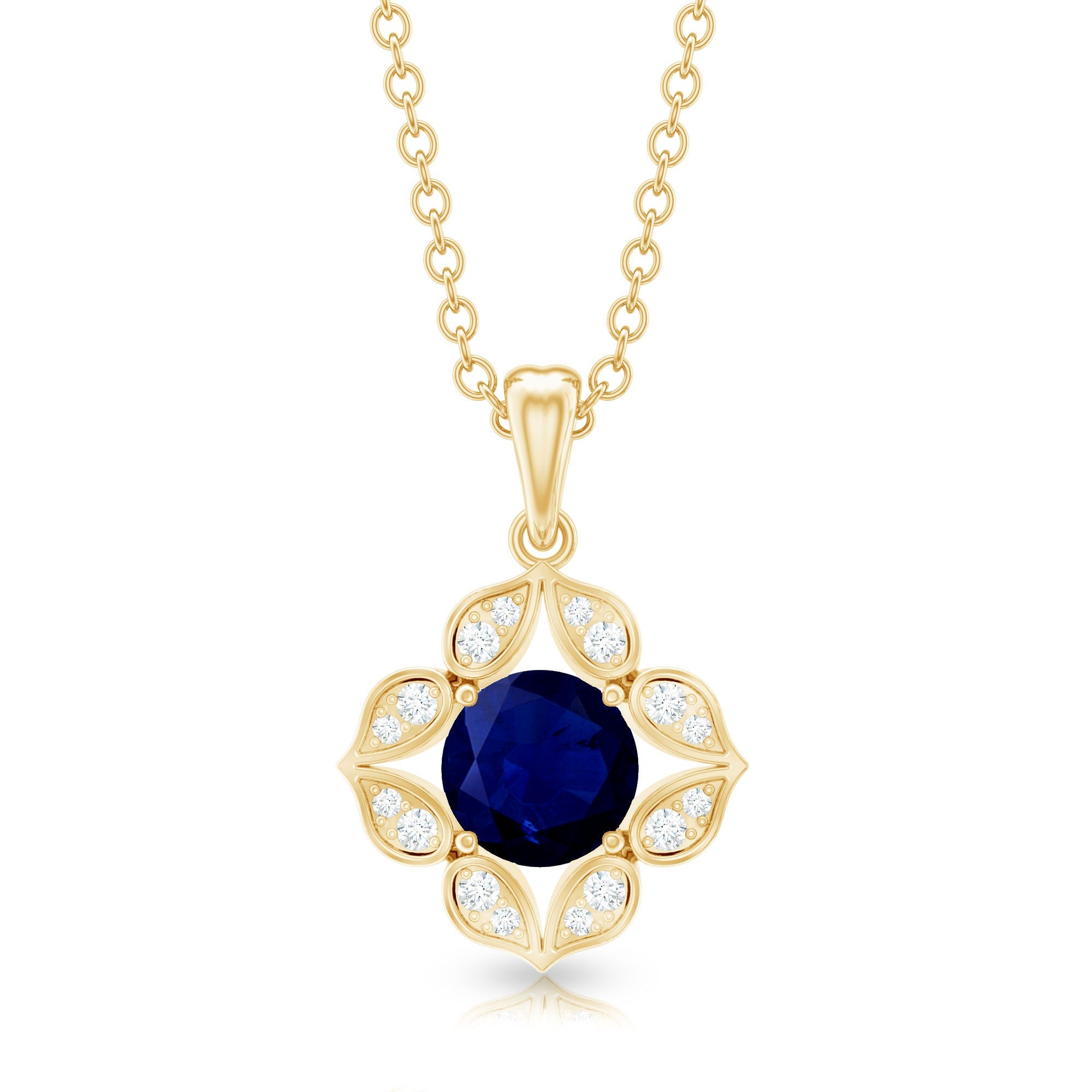 Genuine Blue Sapphire Flower Pendant Necklace with Diamond