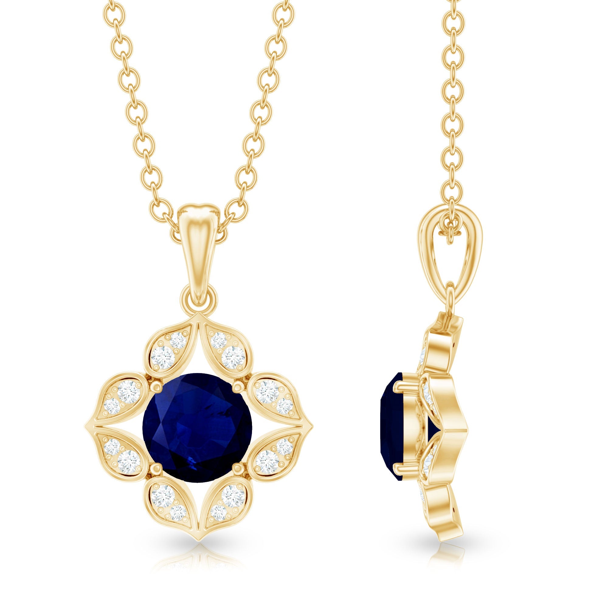 Genuine Blue Sapphire Flower Pendant Necklace with Diamond