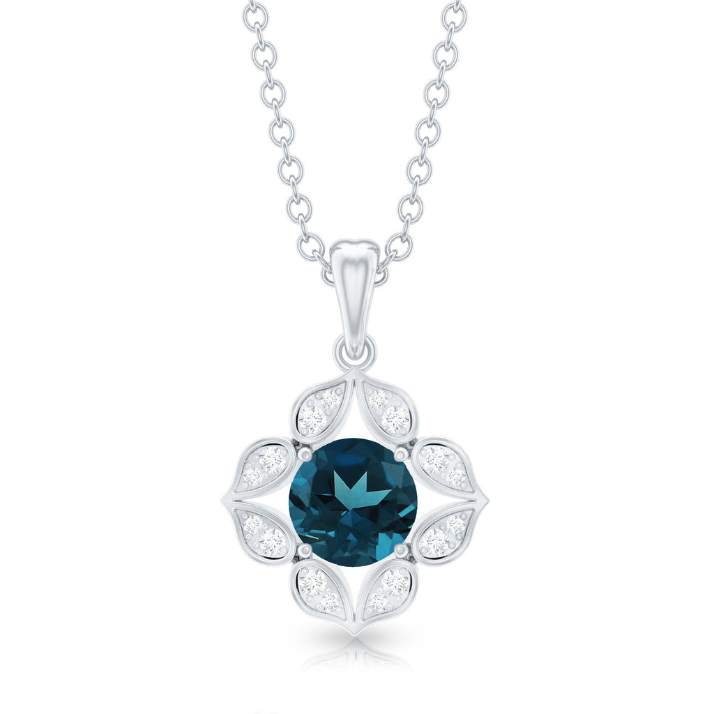 Antique Style London Blue Topaz and Diamond Flower Pendant