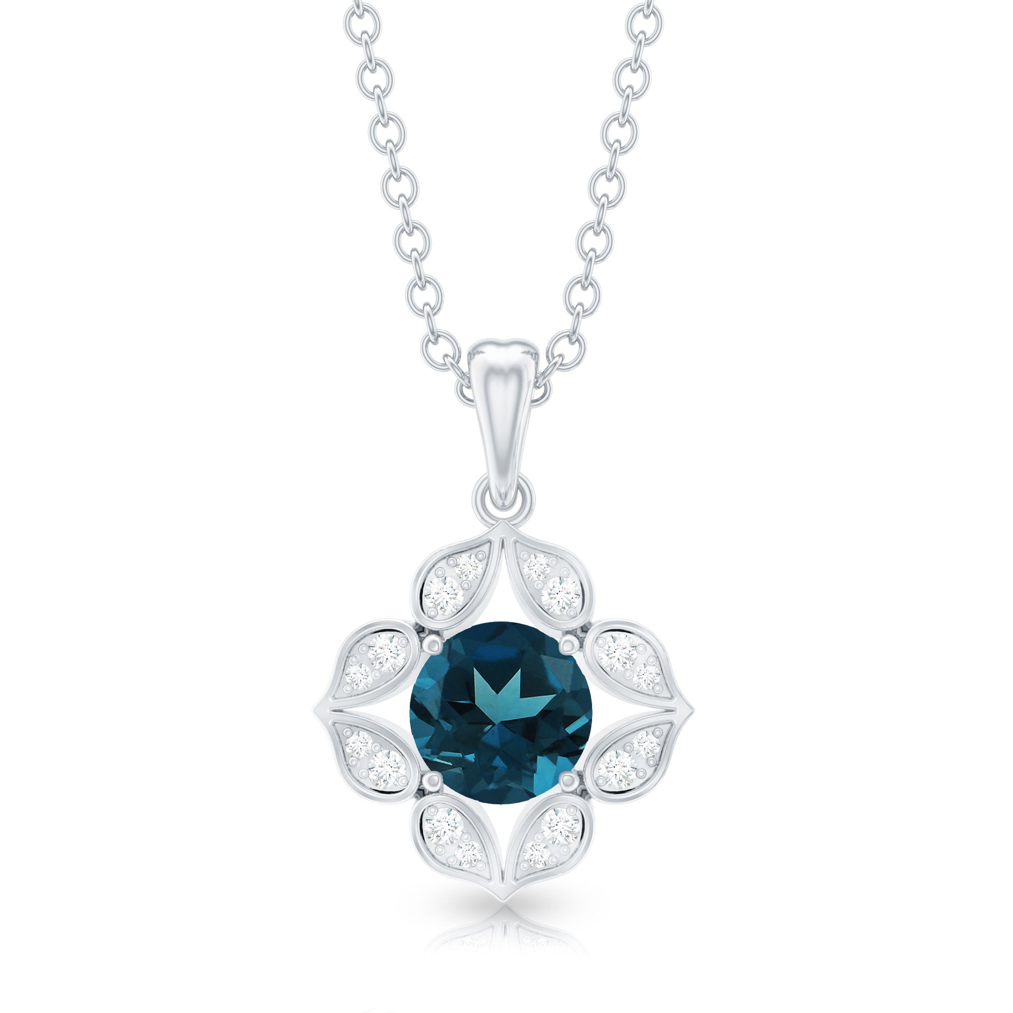Antique Style London Blue Topaz and Diamond Flower Pendant