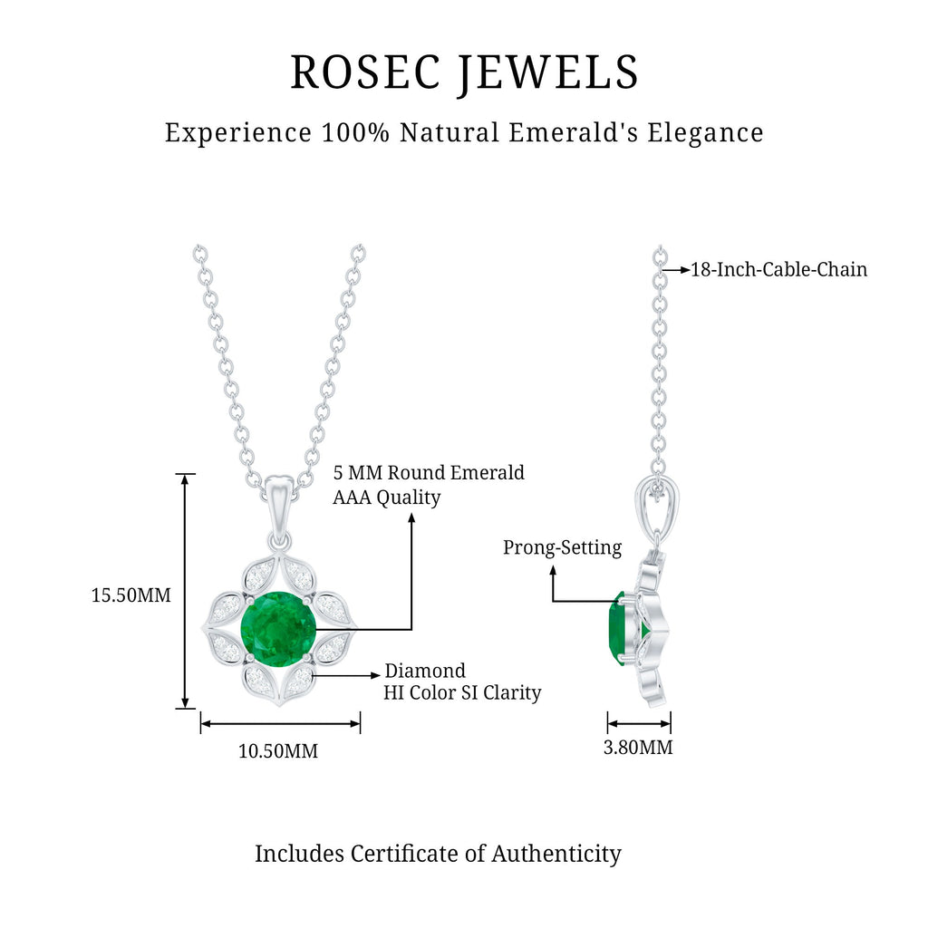 Nature Inspired Emerald Flower Pendant Necklace with Diamond