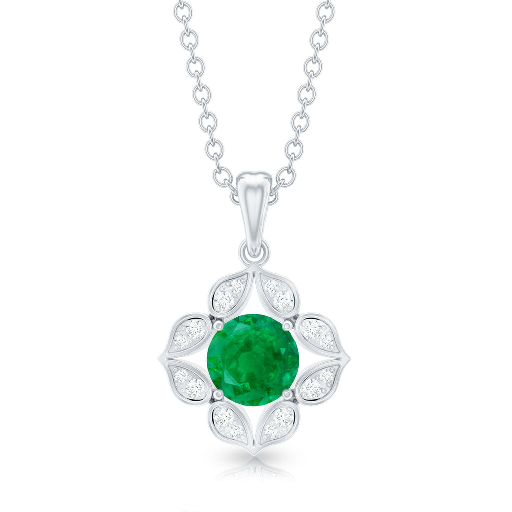 Nature Inspired Emerald Flower Pendant Necklace with Diamond