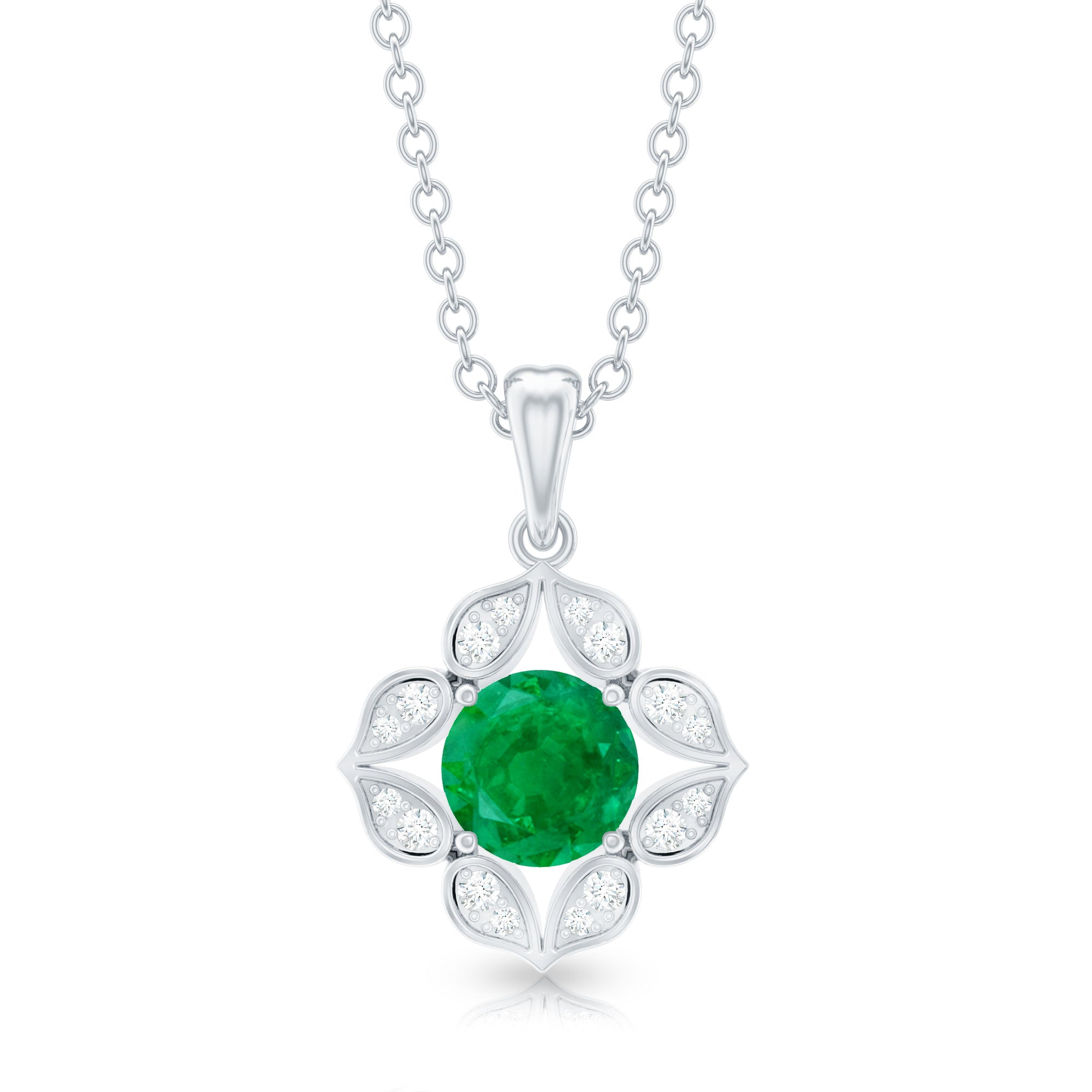 Nature Inspired Emerald Flower Pendant Necklace with Diamond