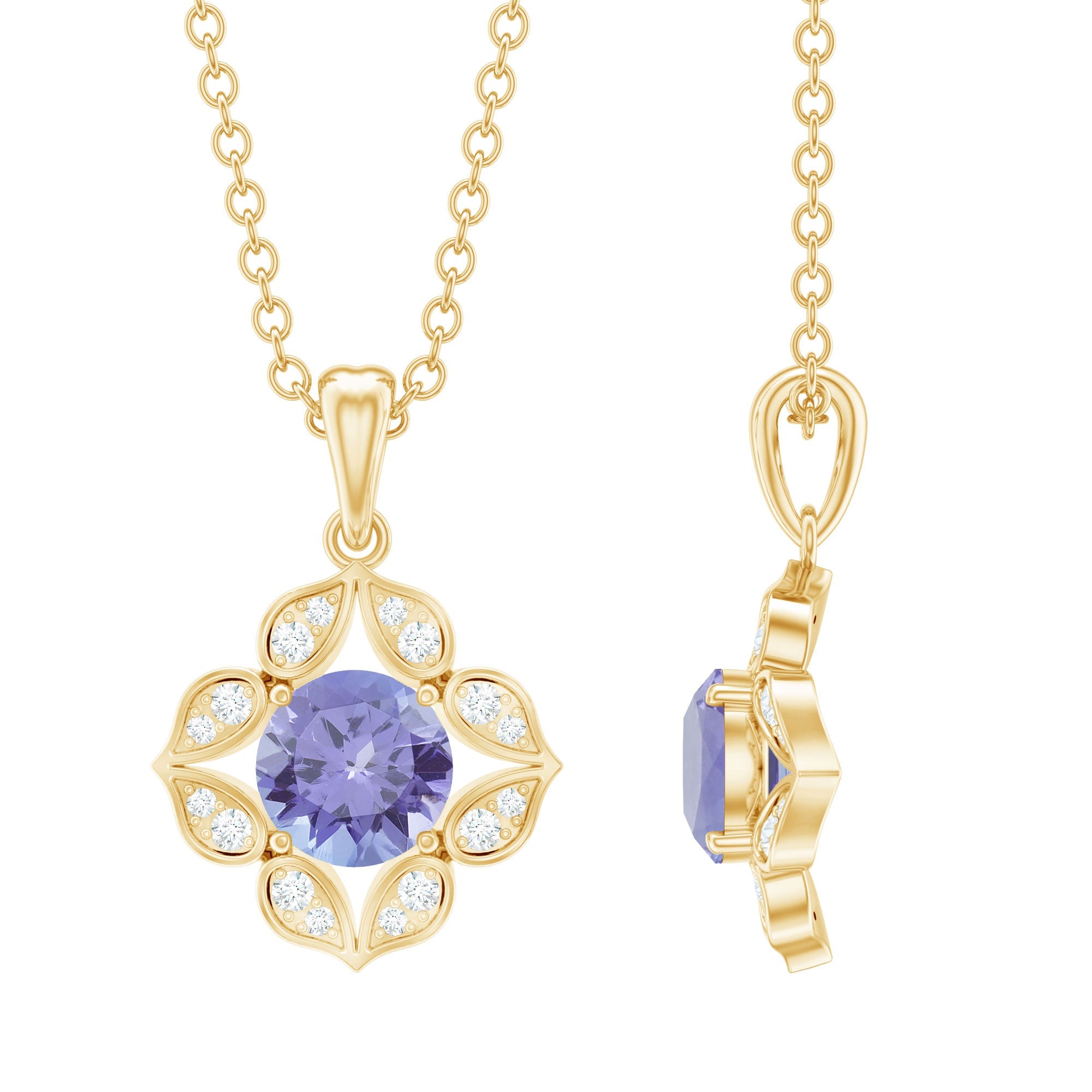Natural 0.5 Carat Tanzanite Flower Pendant Necklace with Diamond