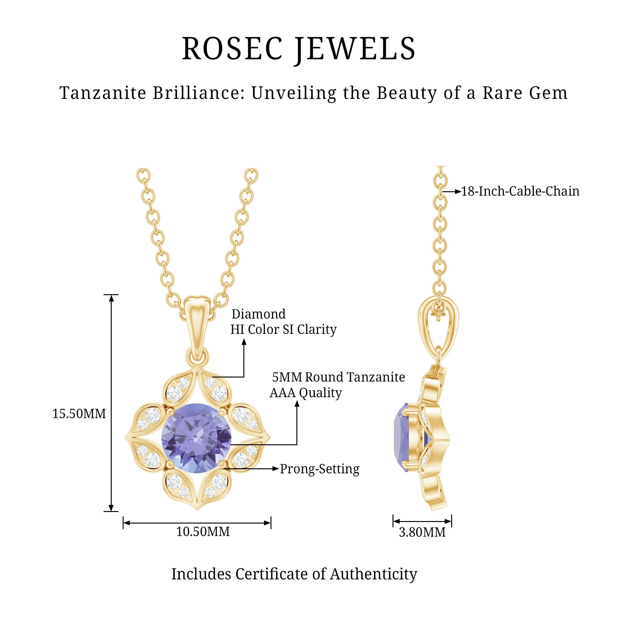 Natural 0.5 Carat Tanzanite Flower Pendant Necklace with Diamond