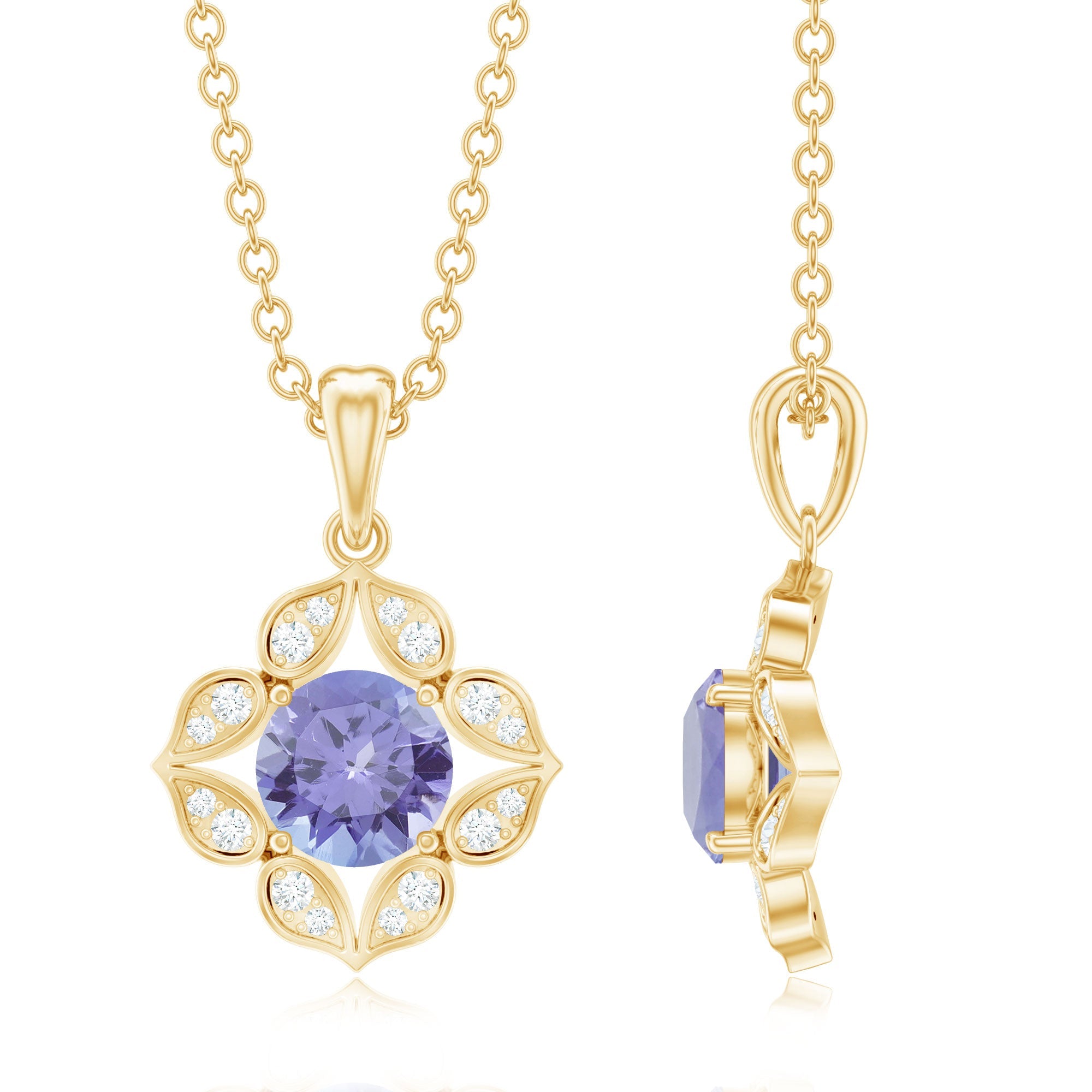 Natural 0.5 Carat Tanzanite Flower Pendant Necklace with Diamond