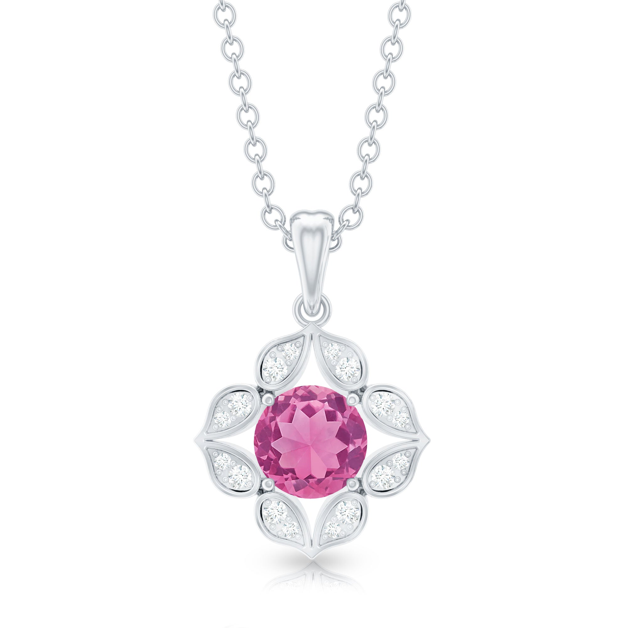 Antique Style Natural Pink Tourmaline Flower Pendant with Diamond