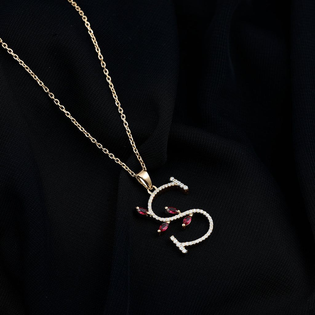 Lab Grown Ruby and Diamond Necklace with Letter S