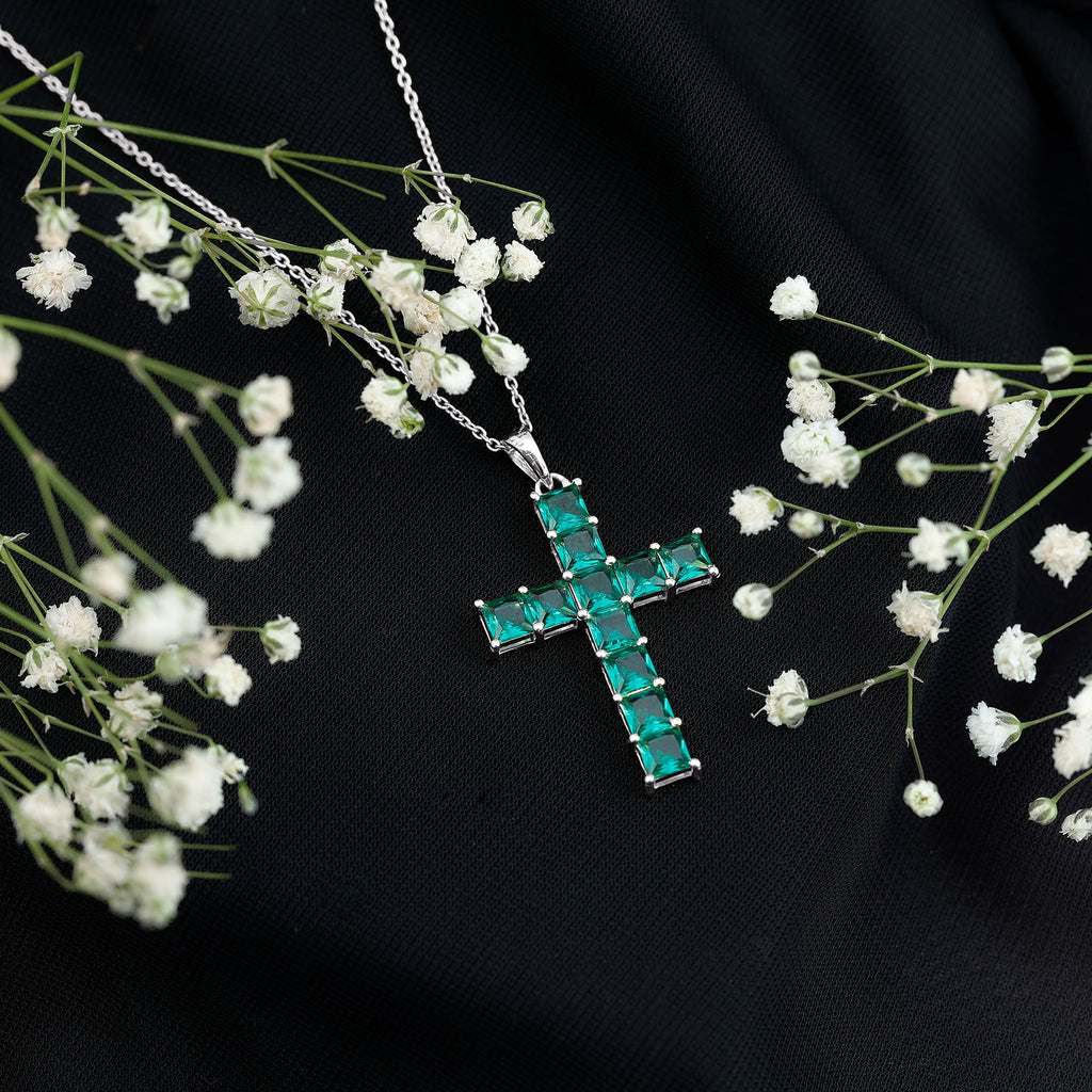 Princess Cut Lab Created Emerald Cross Pendant Necklace