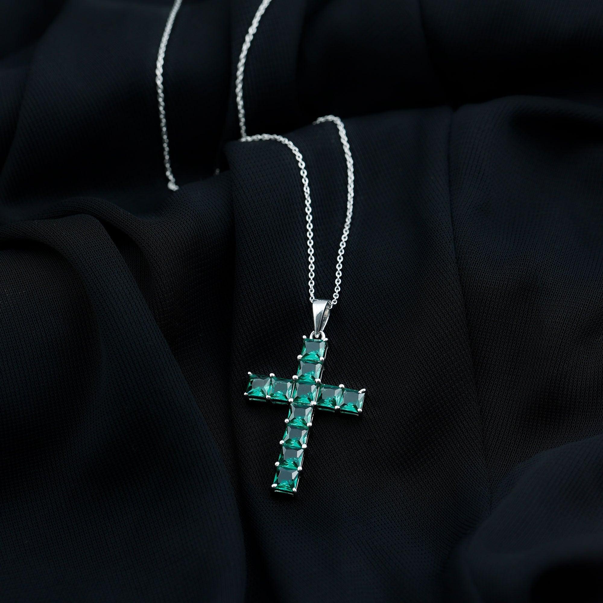 Princess Cut Lab Created Emerald Cross Pendant Necklace