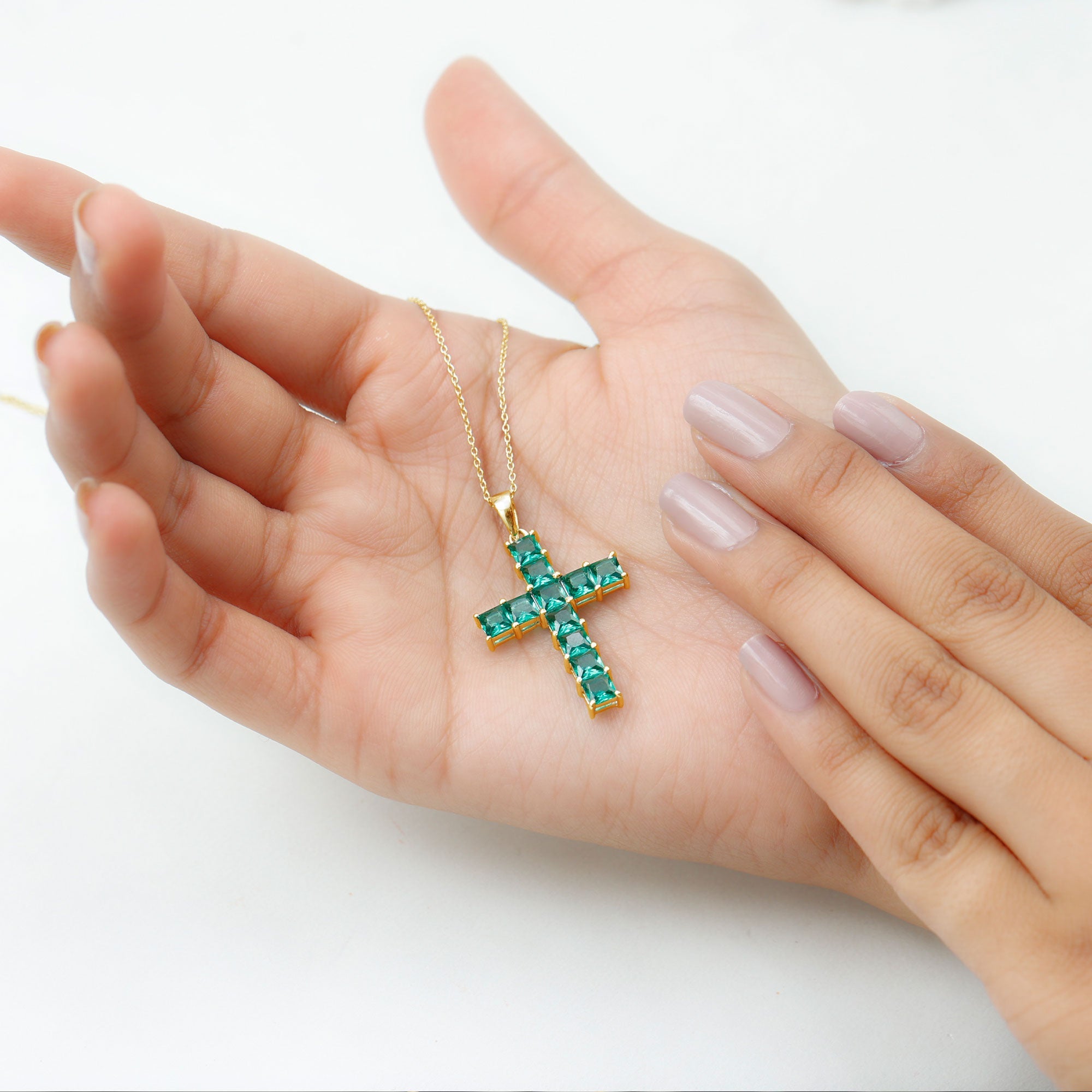 Princess Cut Lab Created Emerald Cross Pendant Necklace
