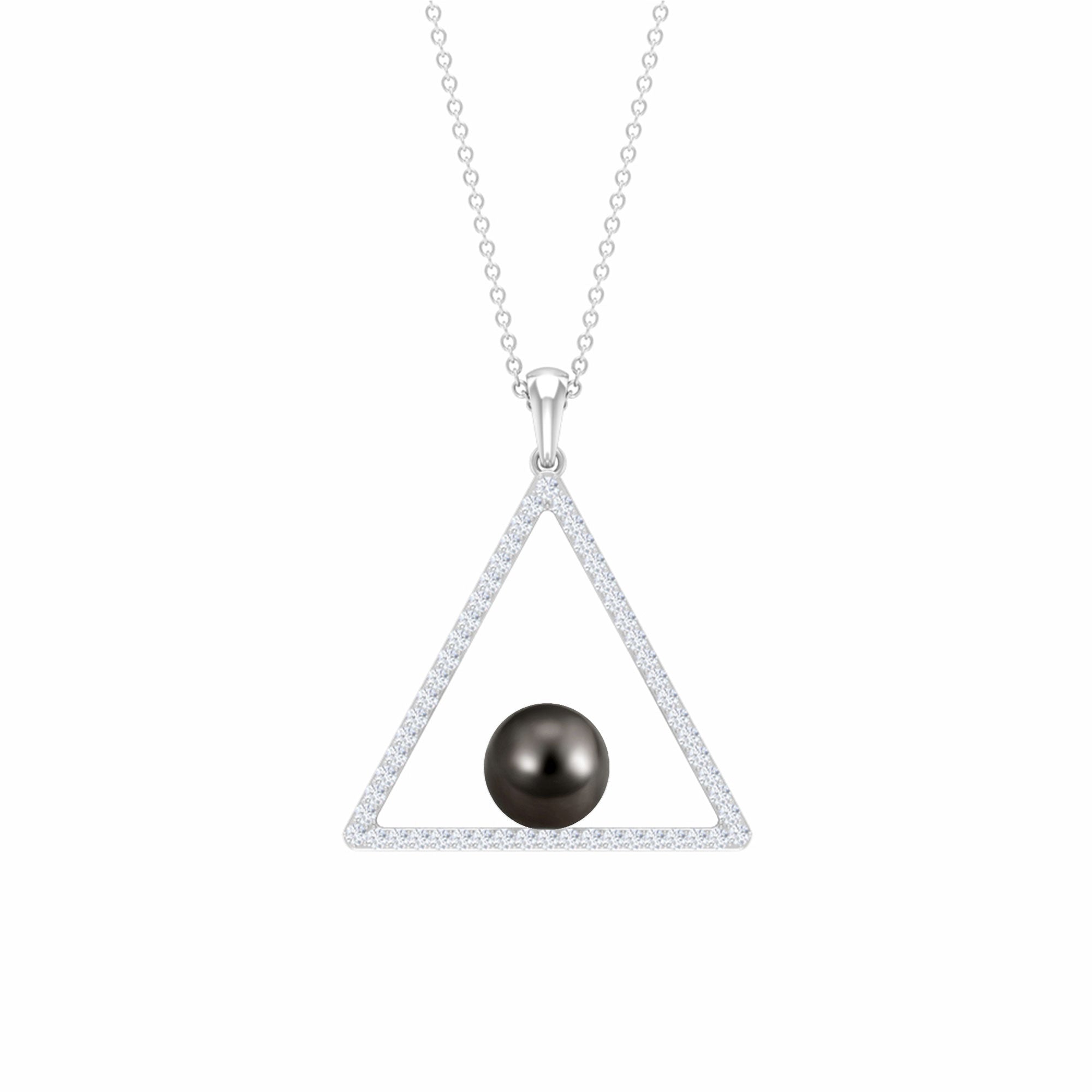 Diamond Open Triangle Pendant Necklace with Black Tahitian Pearl