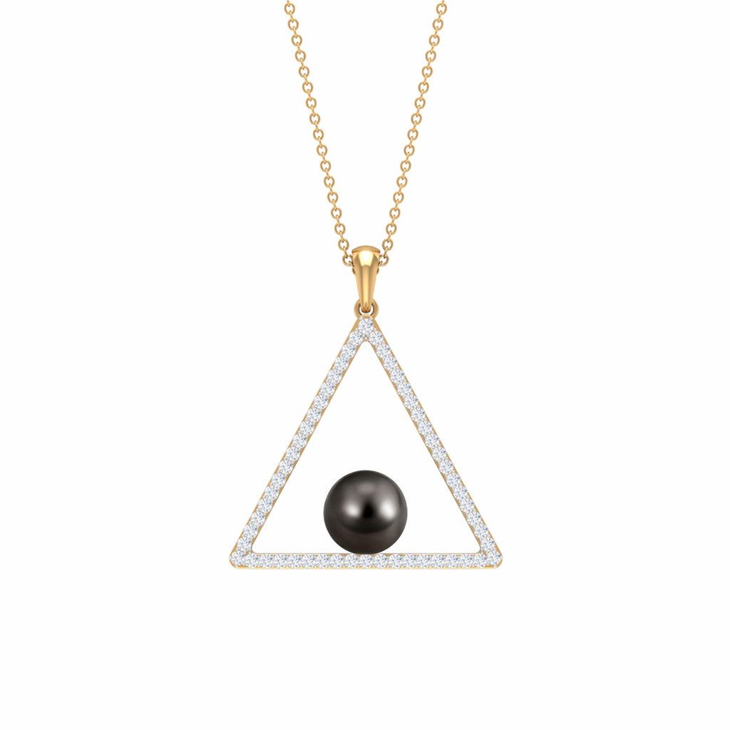 Diamond Open Triangle Pendant Necklace with Black Tahitian Pearl