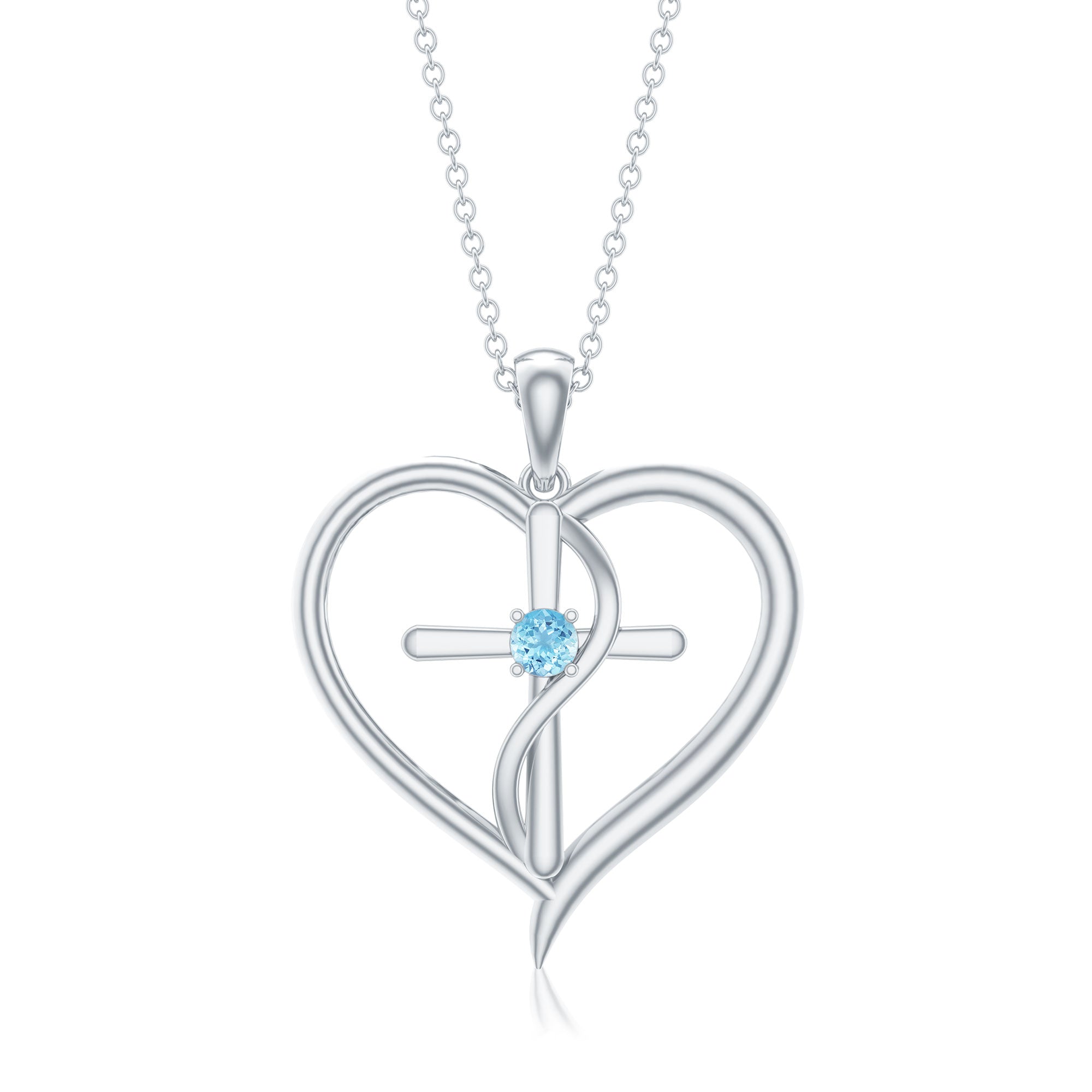 Natural Aquamarine Heart Cross Pendant Necklace
