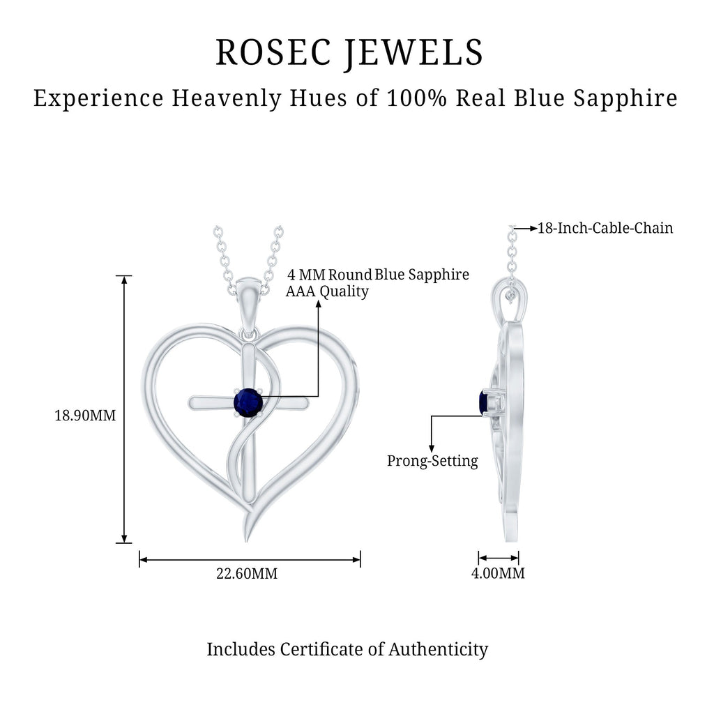 Natural Blue Sapphire Cross Heart Necklace for Women