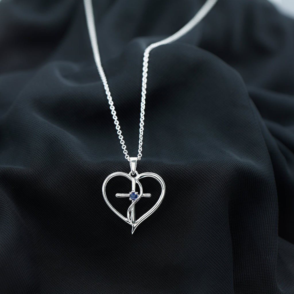 Natural Blue Sapphire Cross Heart Necklace for Women