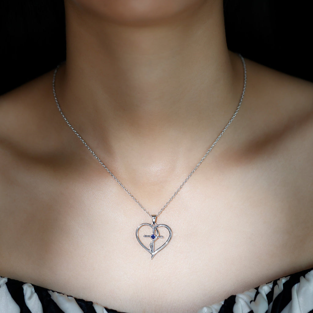 Natural Blue Sapphire Cross Heart Necklace for Women
