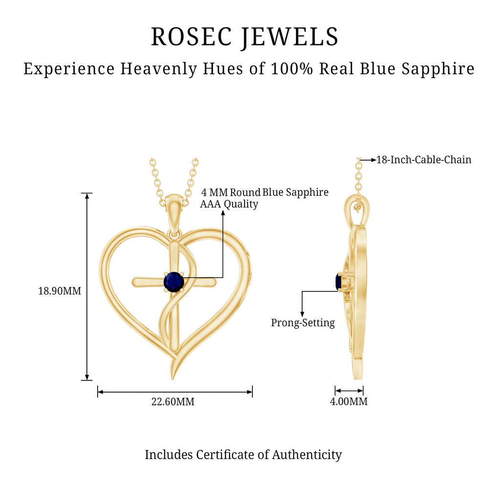Natural Blue Sapphire Cross Heart Necklace for Women