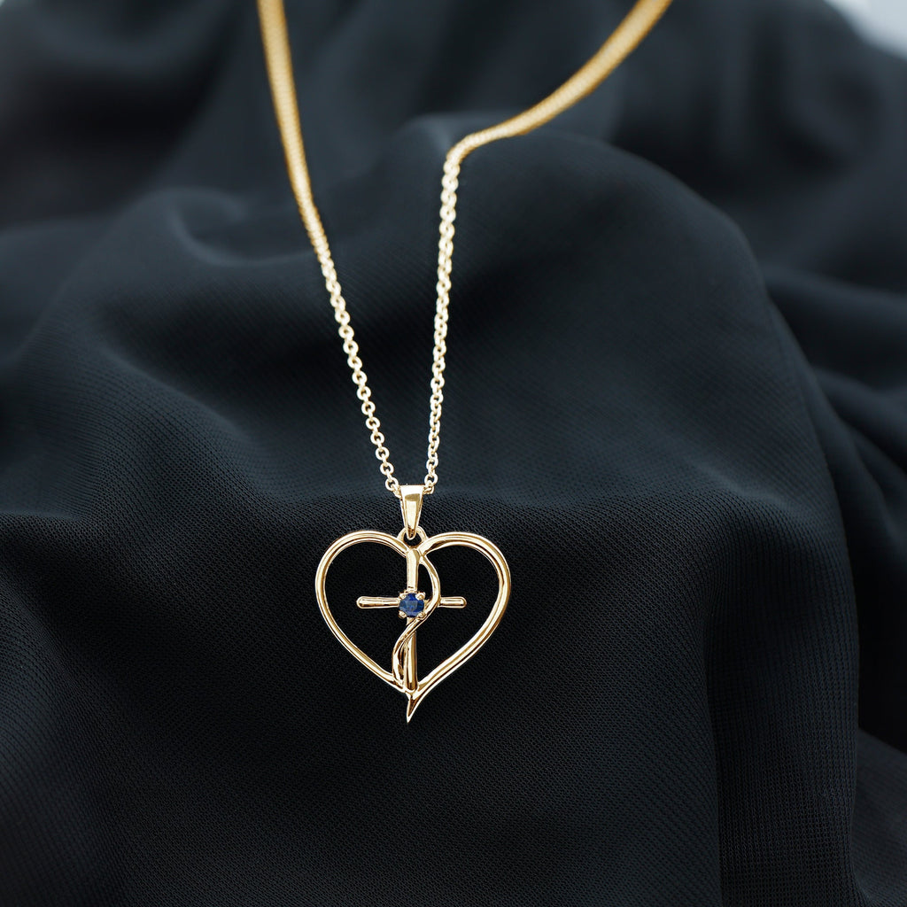Natural Blue Sapphire Cross Heart Necklace for Women