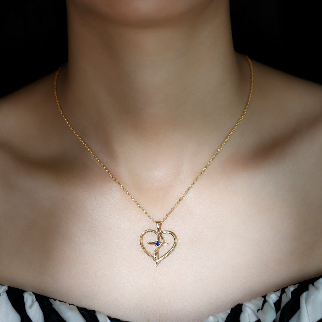 Natural Blue Sapphire Cross Heart Necklace for Women