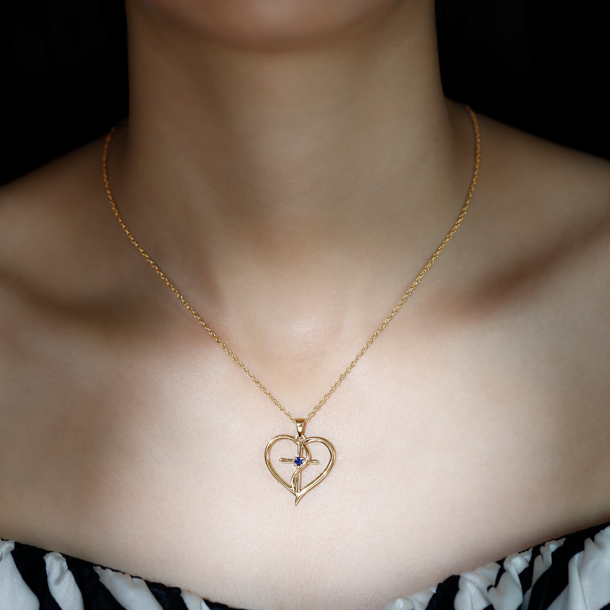 Natural Blue Sapphire Cross Heart Necklace for Women