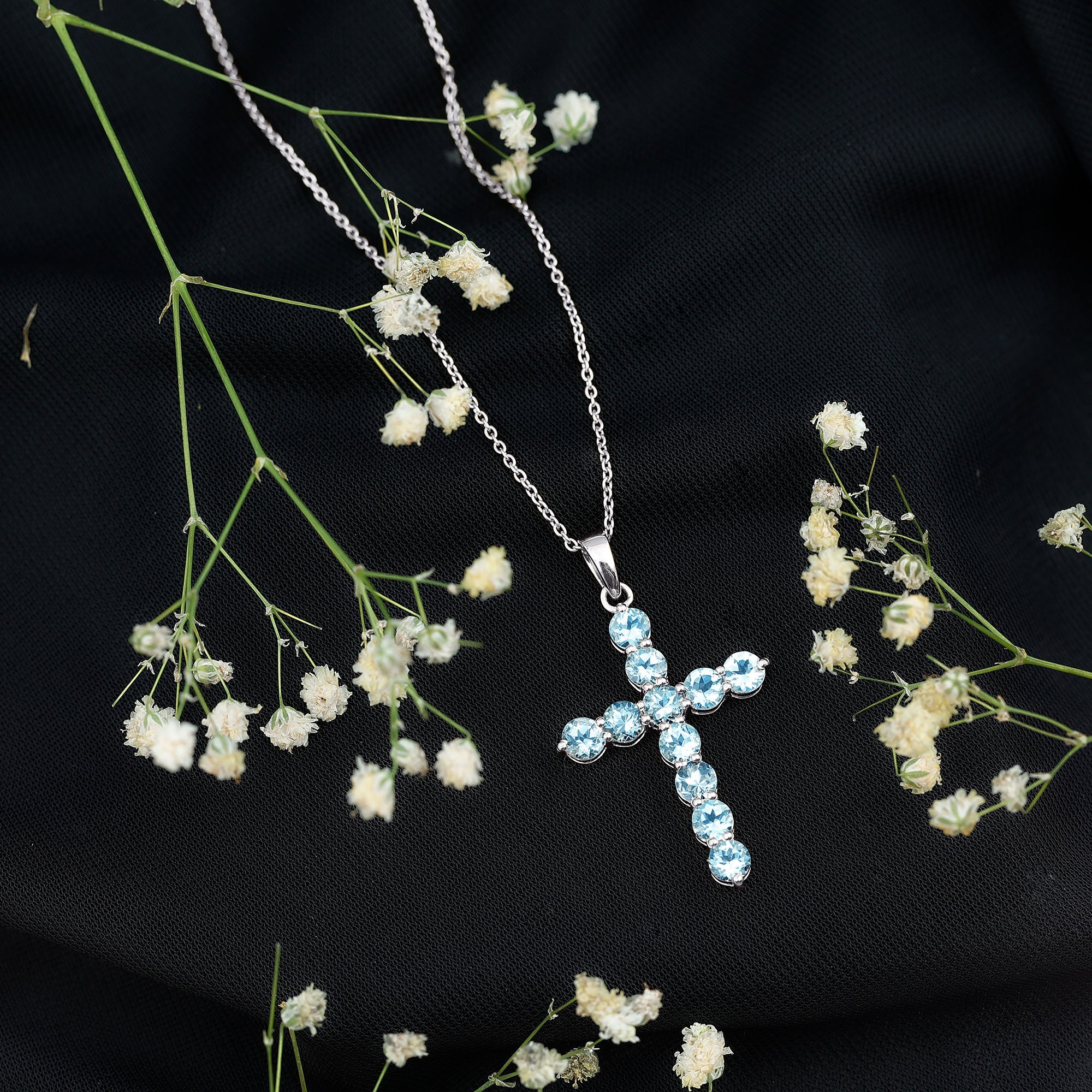 Womens Aquamarine Cross Pendant Necklace with Chain