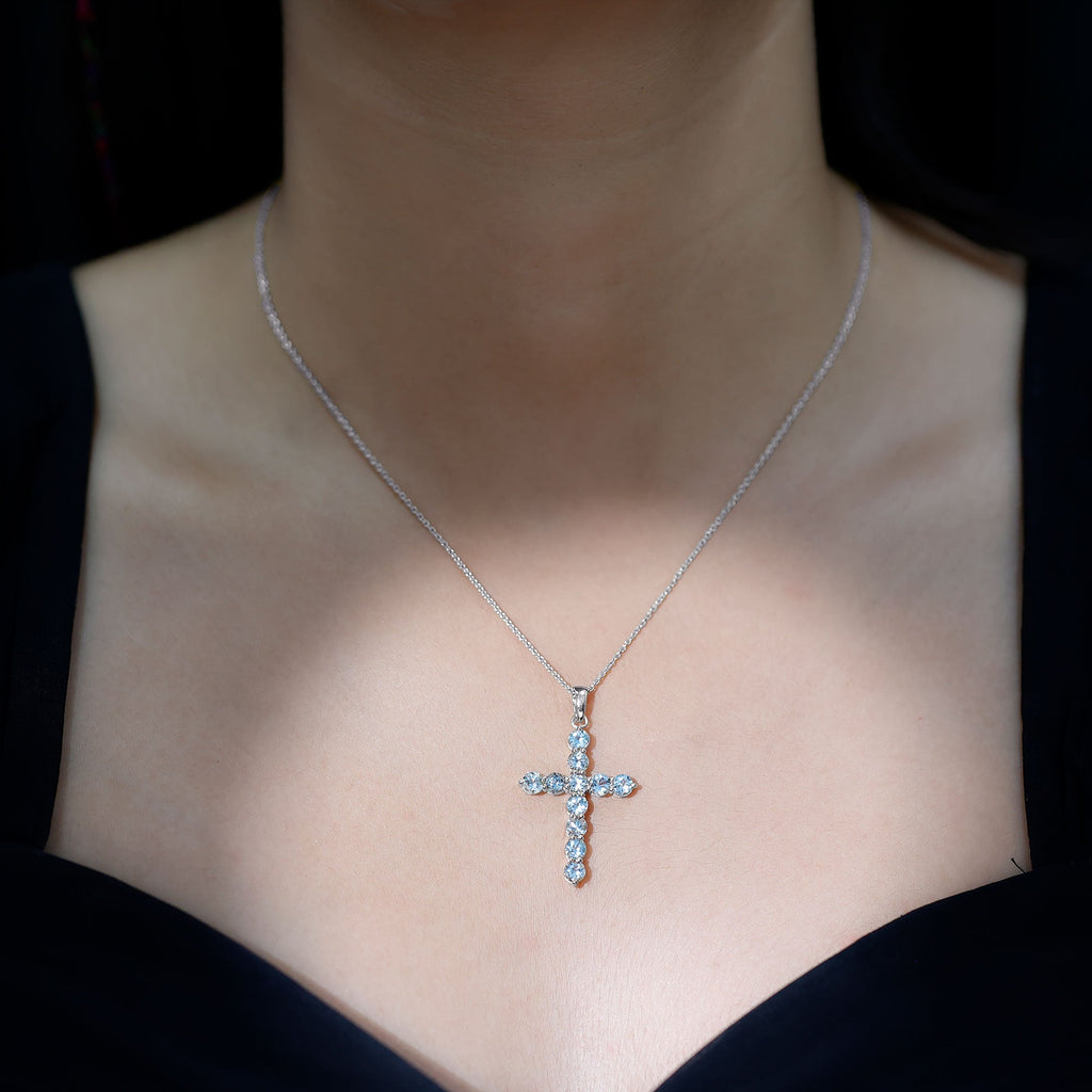 Womens Aquamarine Cross Pendant Necklace with Chain