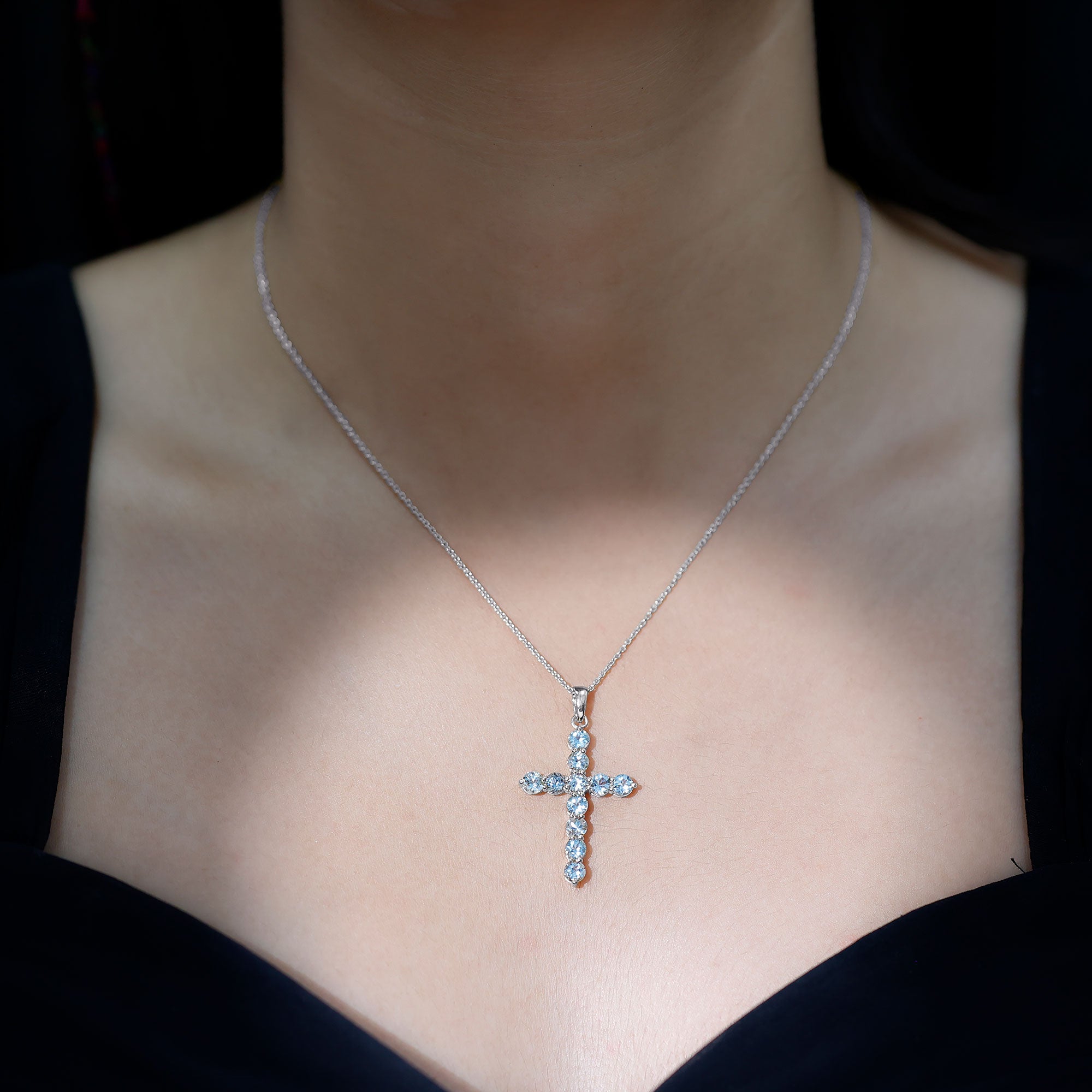 Womens Aquamarine Cross Pendant Necklace with Chain