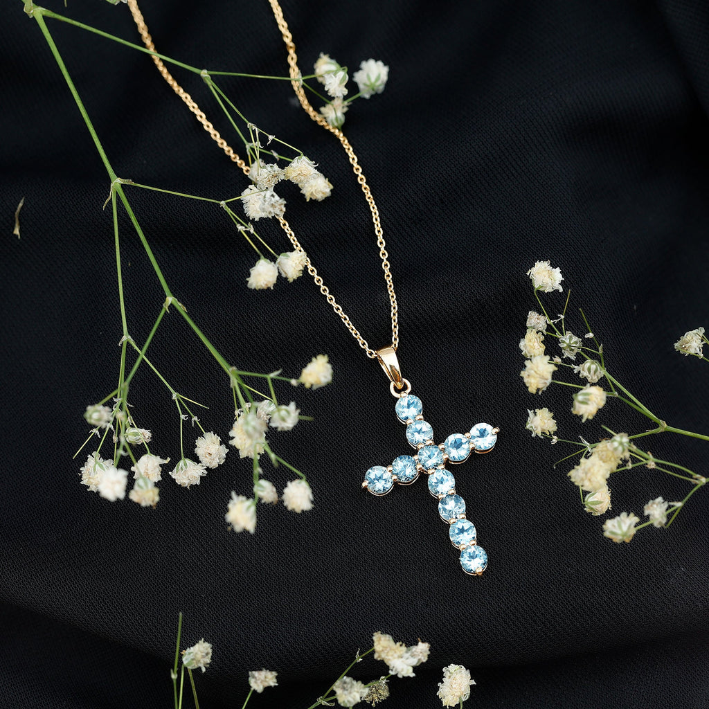 Womens Aquamarine Cross Pendant Necklace with Chain