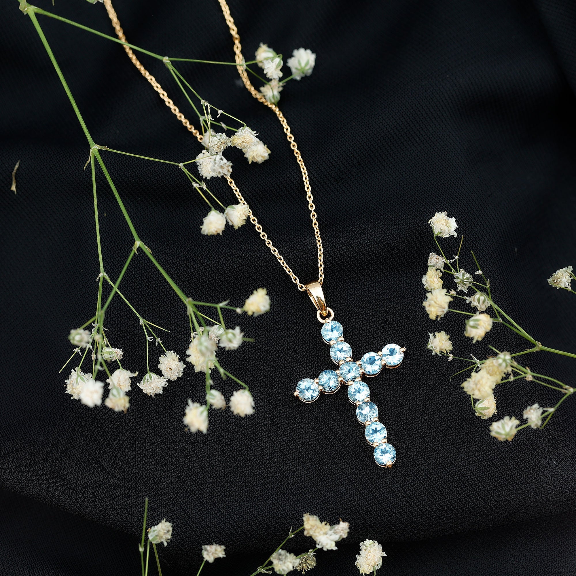 Womens Aquamarine Cross Pendant Necklace with Chain