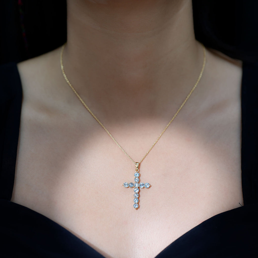 Womens Aquamarine Cross Pendant Necklace with Chain