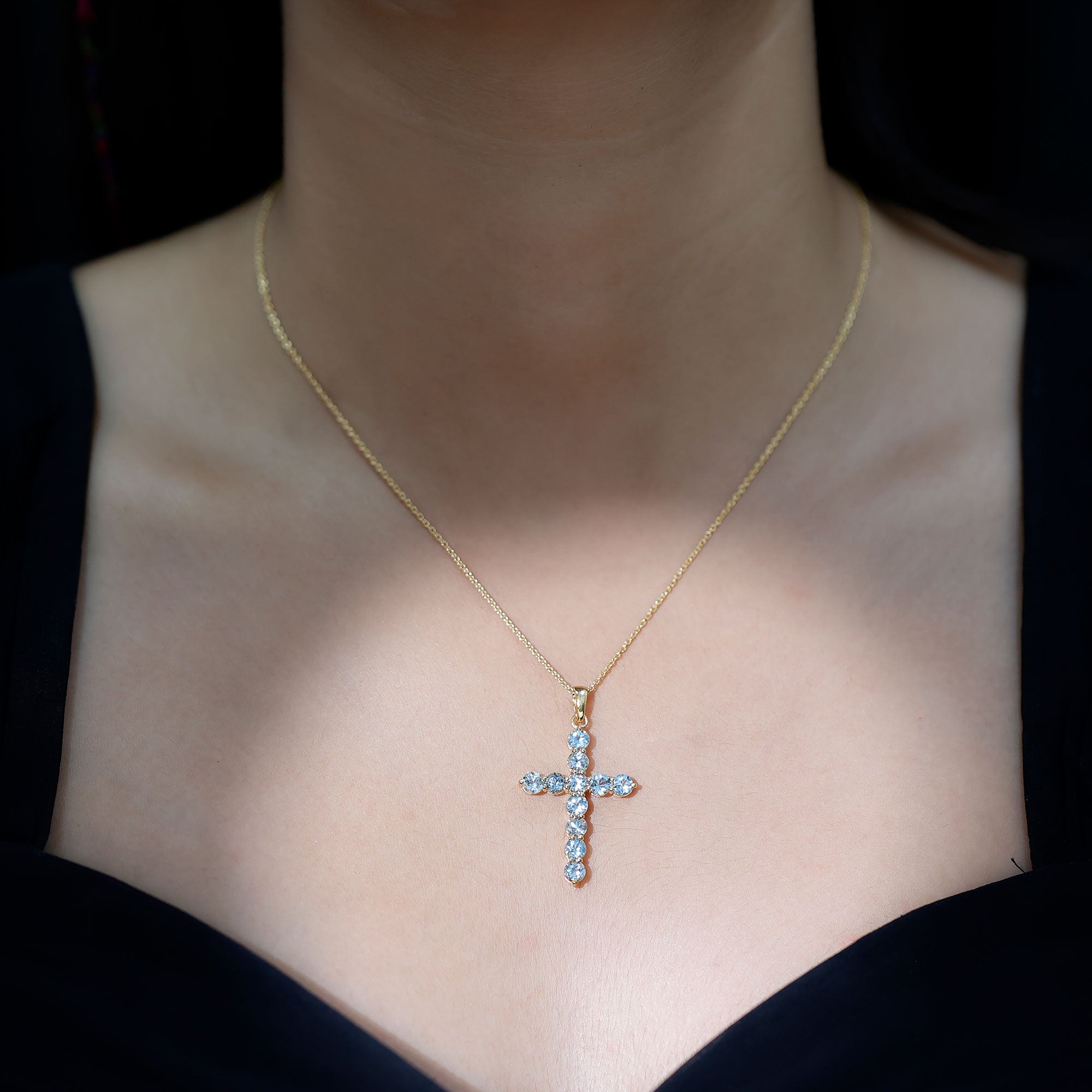 Womens Aquamarine Cross Pendant Necklace with Chain