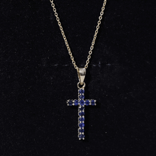 Genuine Blue Sapphire Cross Pendant Necklace with Chain