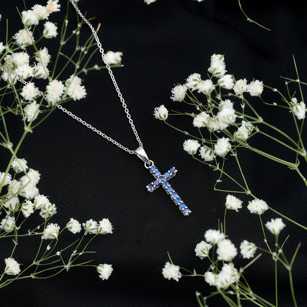 Genuine Blue Sapphire Cross Pendant Necklace with Chain