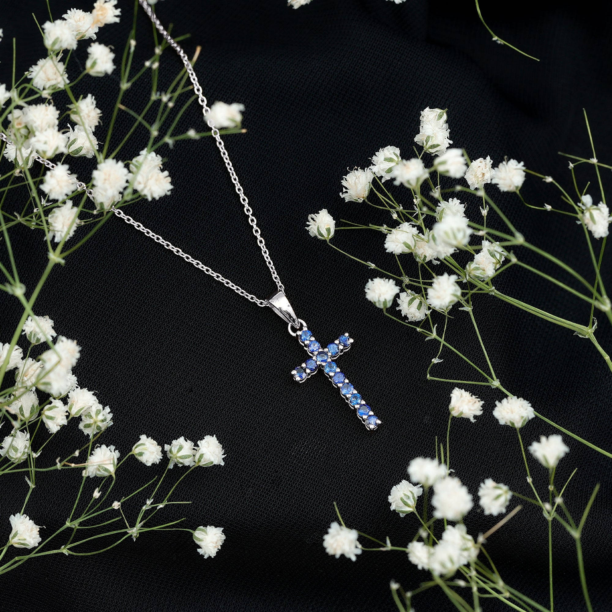 Genuine Blue Sapphire Cross Pendant Necklace with Chain