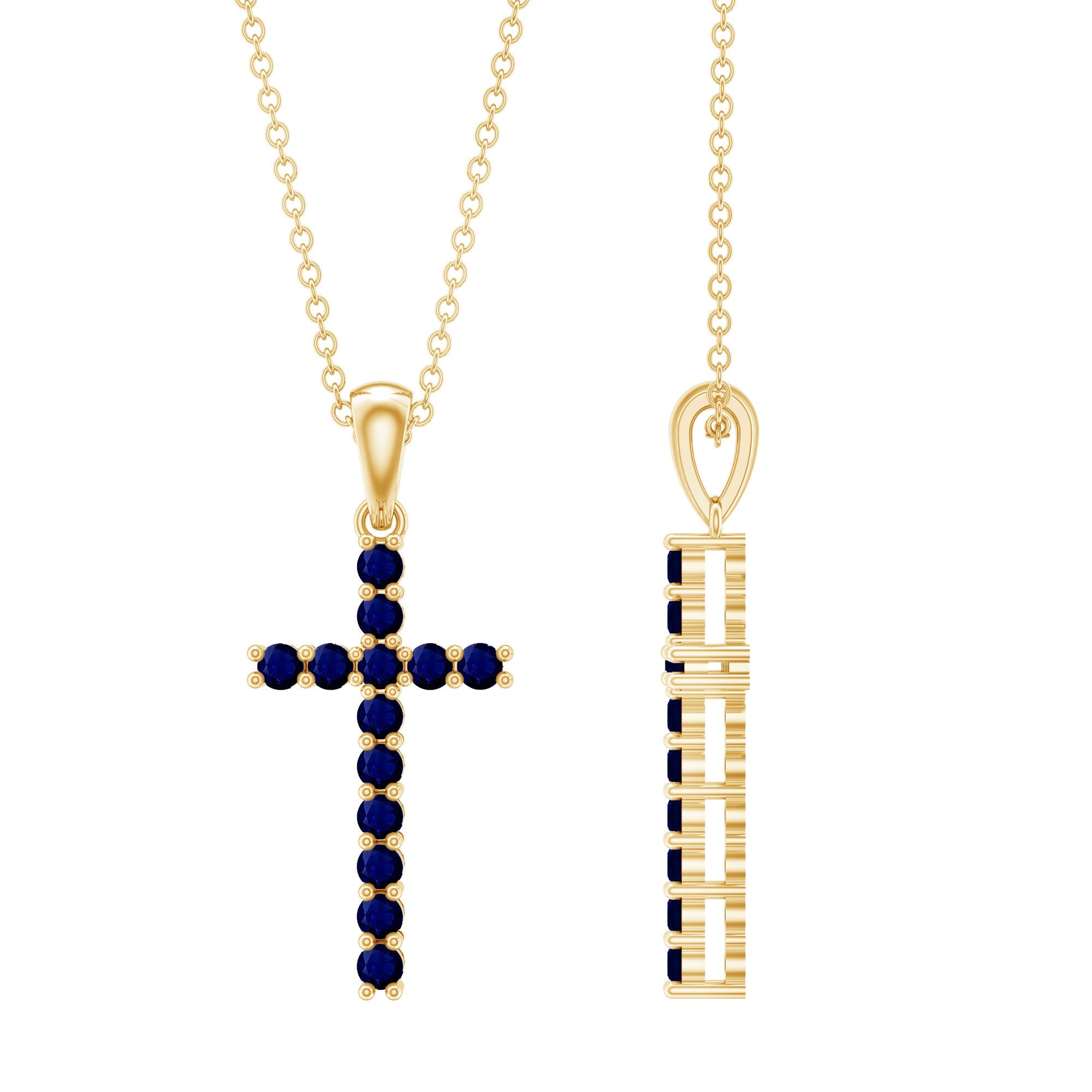 Genuine Blue Sapphire Cross Pendant Necklace with Chain