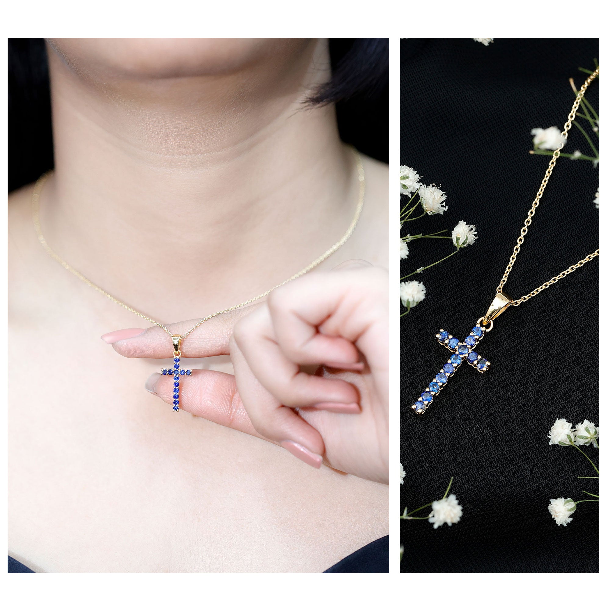 Genuine Blue Sapphire Cross Pendant Necklace with Chain
