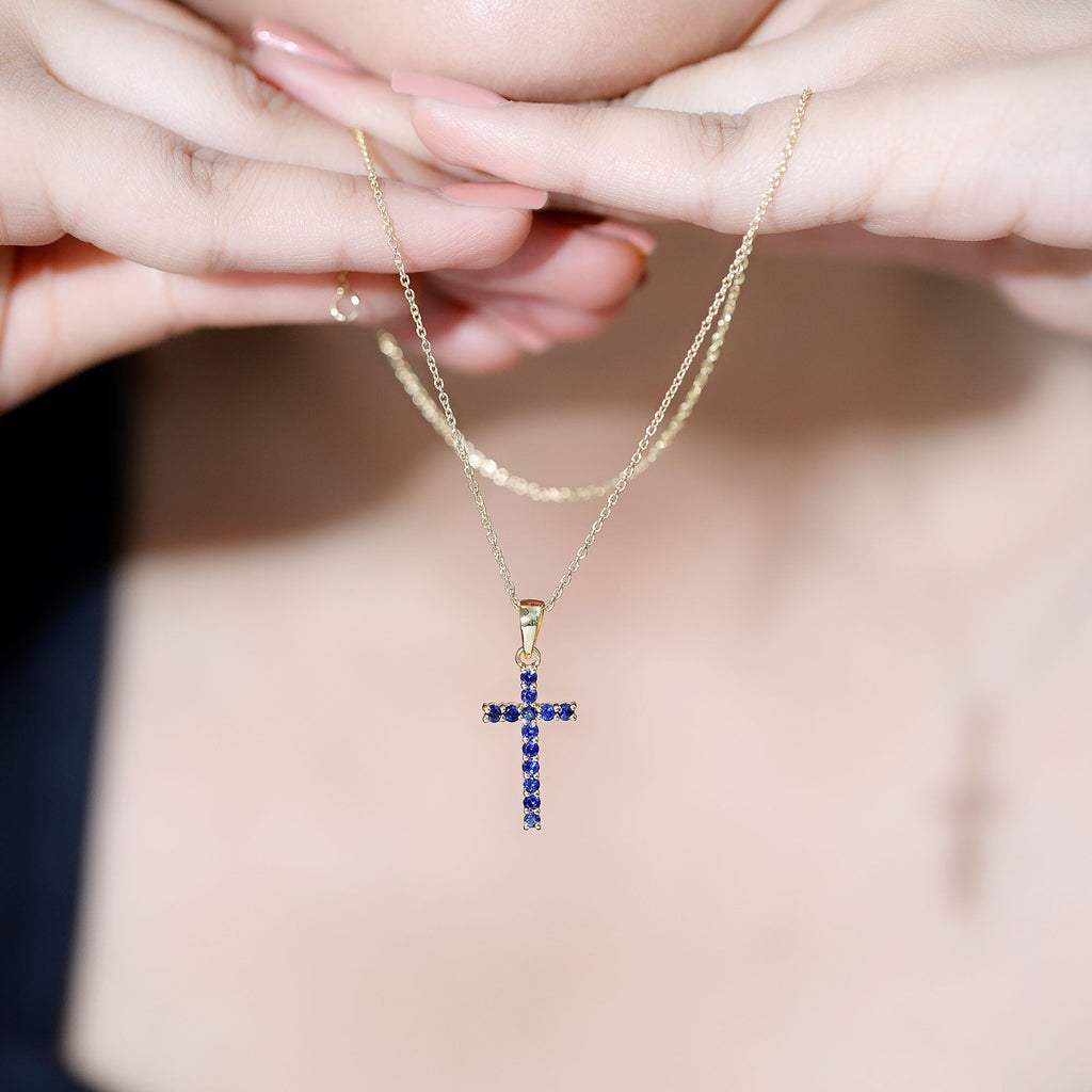 Genuine Blue Sapphire Cross Pendant Necklace with Chain
