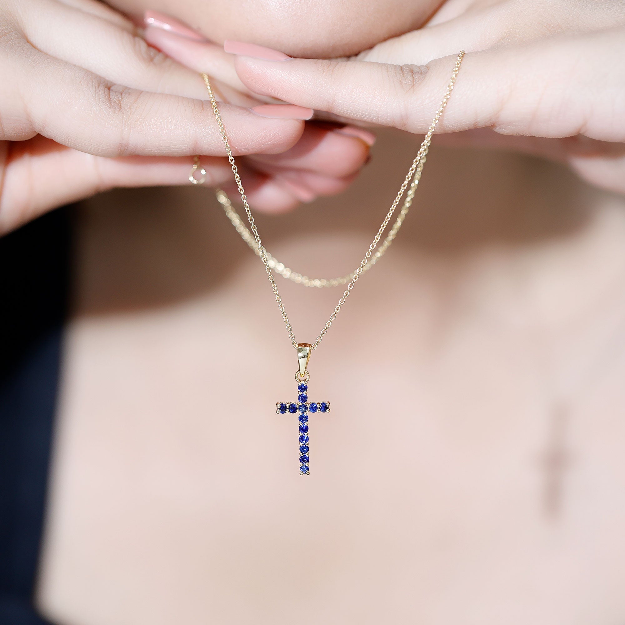 Genuine Blue Sapphire Cross Pendant Necklace with Chain