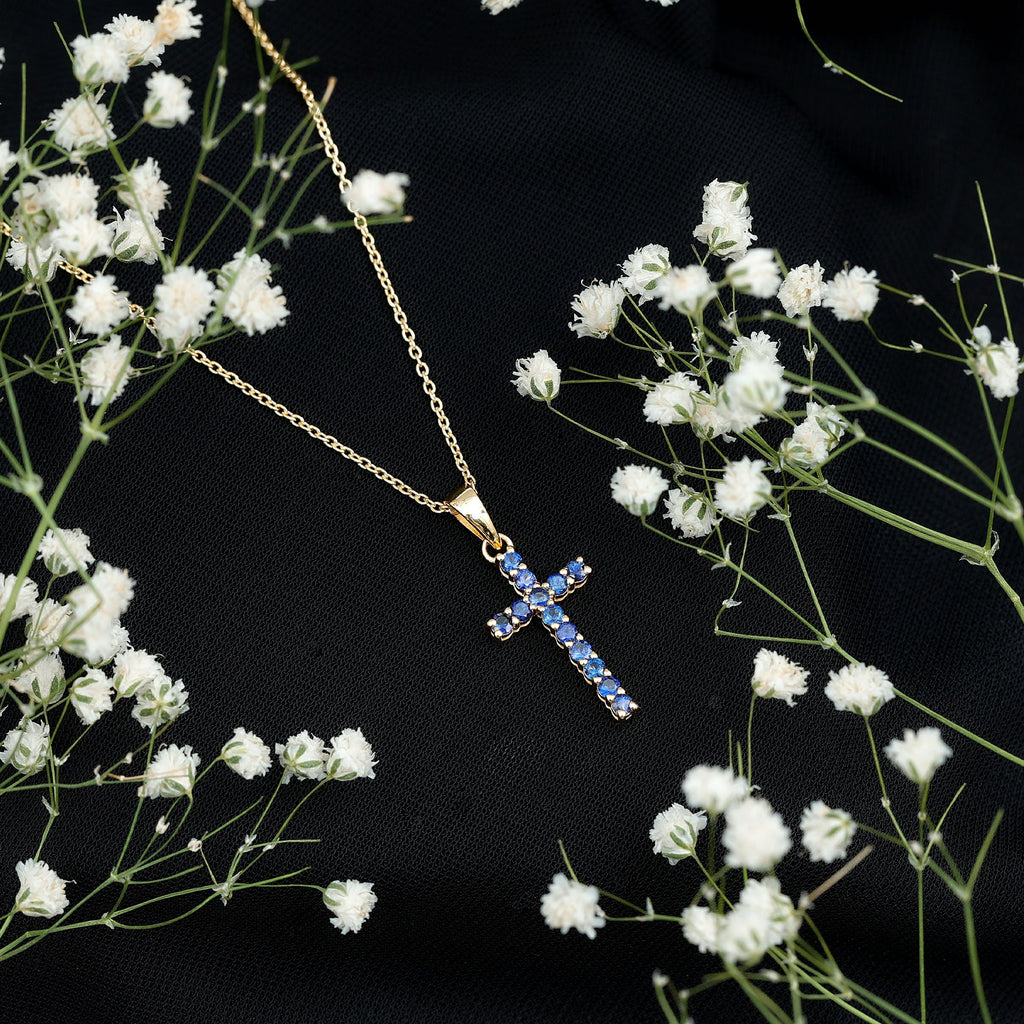 Genuine Blue Sapphire Cross Pendant Necklace with Chain