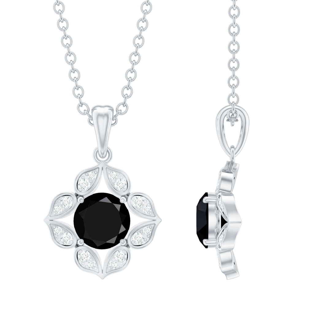 Natural Black Spinel Flower Pendant Necklace with Diamond for Women